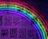 a neon rainbow arch lights up a wall with queer-affirming sayings like "love is love and "love wins"